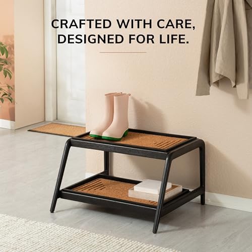 Anji Mountain Heavy Duty Waterproof Wooden Shoe Storage Mat Organizer/Boot Storage Tray Multi Use for Entryway with Coir, Tan Rectangle Embossed Insert, 2 Tier, Fits 4 Pair (26.5" Wide) - Image 5