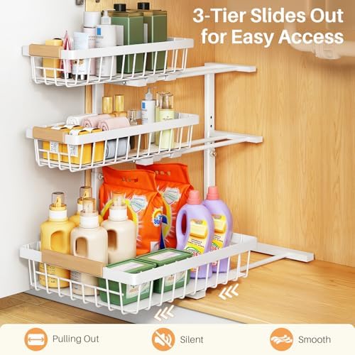 PXRACK Under Sink Organizer, 2-Pack 3-Tier Height Adjustable Thickened Metal Pull out Cabinet Organizer Shelf, Slide out Storage Drawer Rack for Bathroom Kitchen Pantry Home Organization, White - Image 5