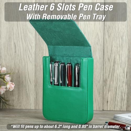 Top Grain Genuine Leather 6 Fountain Pen/Pencil Tray Case, Minimalist Fashion Design, Handmade, Magnetic Closure with Drawer Design, Gift Choice for Man/Woman/Office, Glossy Green, 6 Slots - Image 3