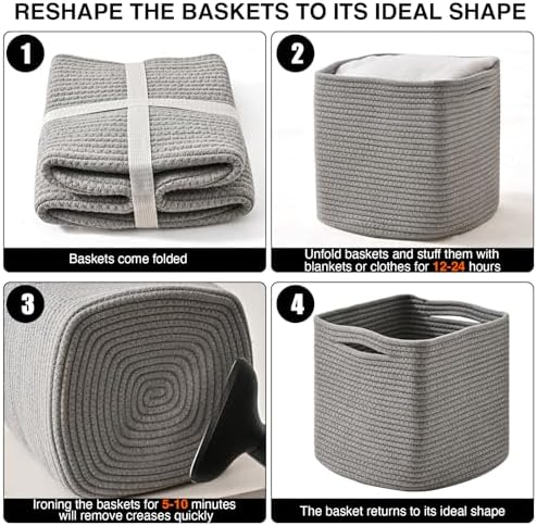 ICERZCZ 13 Inch Cube Closet Storage Bins, Woven Cotton Rope Organizer Baskets for Organizing & Shelves, Books, Towels, Clothes, Toys, 13x13x13 in, Grey (Pack of 3) - Image 7