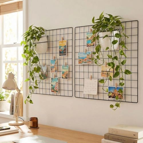 Kaforise Painted Wire Wall Grid Panel, Multifunction Photo Hanging Display and Wall Storage Organizer, Pack of 2, Size:23.6"x 23.6", Square Black - Image 2