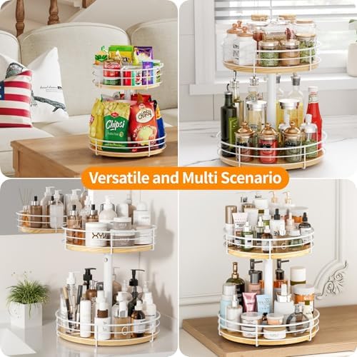 2 Tier Lazy Susan with Adjustable Height and Metal Divider Design, White - Image 6