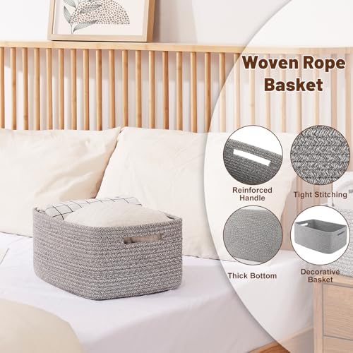 OIAHOMY Storage Basket for Shelves, Closet Cube Storage Bins Baskets for Clothes Blanket Towels, Baby Nursery, Toy Baskets Box, Woven Rope Basket, 15.75 * 11.81 * 7.09 IN, 2 Packs Grey - Image 3