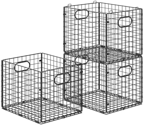 3-Pack Metal Milk Crate for Storage, Large 40qt Stackable Collapsible Storage Bins with Handle, Heavy Duty Storage Baskets for Shelves, Folding Basket Organizer for Car, Garage, Home, Camping, Office by Cidaziya