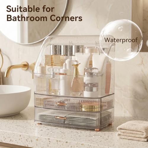 Makeup Organizer Countertop for Vanity with Lid and 2 Drawers, Clear White - Image 5
