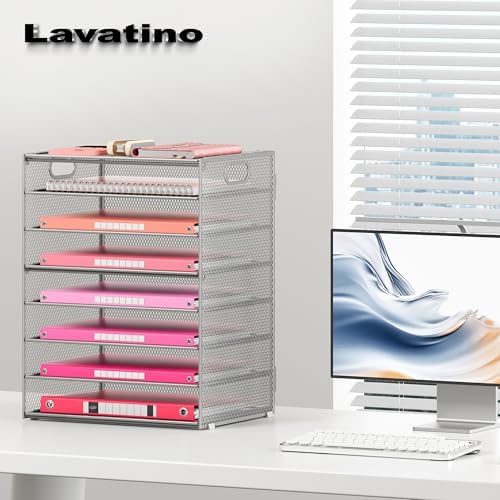 Lavatino 8-Tier Office Desk File Organizer, Letter Tray Paper Organizer with Handle, Including 5 Adjustable Slide Trays for Organizing Desktop Workspace Accessories and Supplies (Silver Metal Mesh) - Image 4