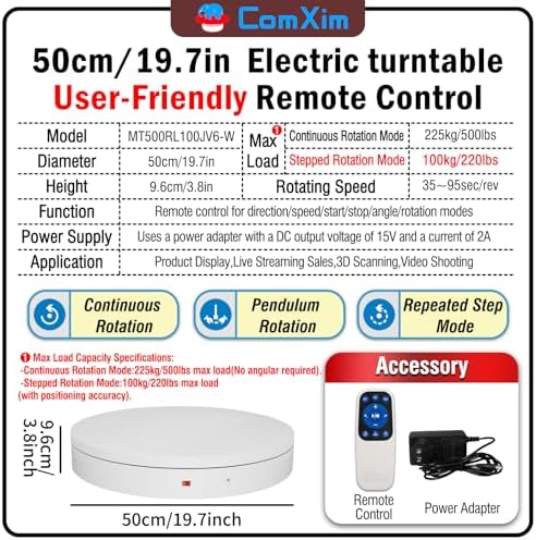 19.7In Remote Large Motorized electric turntable Rotating platform Photography Turntable Motorized lazy susan Base giratoria para for Photography,3D Scanner,Heavy duty display(Load Range:220~500lbs) - Image 2