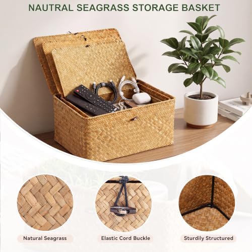 Nonam Large Wicker Basket with Lid,Seagrass Shelf Basket Set of 3,Nautral - Image 6