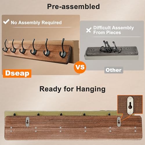 Dseap Coat Rack Wall: 24" Long, Patented, Heavy-Duty, 6-Double-Hooks Wooden Wall Mounted Coat Rack Coat Hanger Hook Rail for Winter Coats Hat Jacket Clothing, Light Brown - Image 4