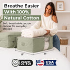 Soft Canvas Storage Bags with Zipper. Thick Breathable, 2pc King/Queen Comforter Organizer. Four Carrying Handles and Window. Large 25x19x9in Bag for Sheets Blankets Bedding Pillows, Clothes (Green) - Image 2