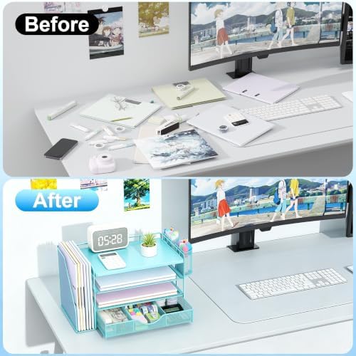 gianotter Desk Organizers and Accessories with File Holder, 4-Tier Desk Accessories & Workspace Organizers with Drawer and 2 Pen Holder, Desk Reference Organizer (Blue, 4T with Metal Drawer) - Image 2