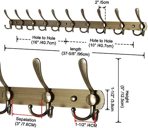 Dseap Coat Rack Wall Mount - 38” Long 10-Tri-Hooks Heavy Duty Coat Hanger Rail Wall Hooks for Hanging Coats Hats Clothing Clothes Purse Mudroom Entryway, Bronze, Pack of 2 - Image 2