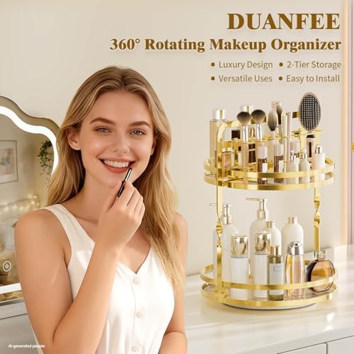360°Rotating Makeup Organizer, Gold Bathroom Organizer Countertop - Image 2