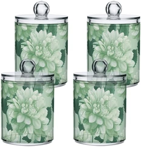 Fustylead 4 Pack Beautiful Light Green Dahlia Qtip Holder Dispensers, Plastic Apothecary Jar Bathroom Accessories Set for Cotton Ball, Swab, Round Pads, Floss by Fustylead