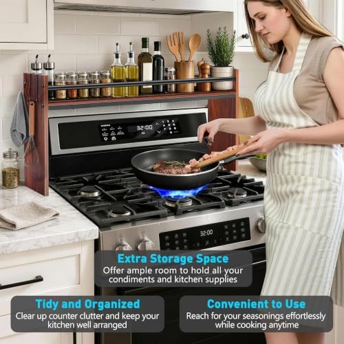 Spice Rack Shelf for Kitchen Stove, Over The Stove Shelf with 4 Hooks, Premium Wood & Metal Commbined Spice Rack Organizer Extra Storage Countertop (Walnut) - Image 7