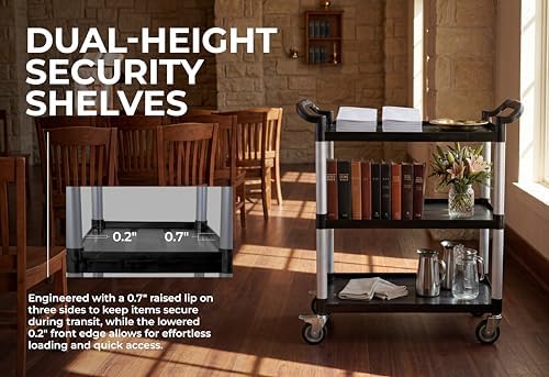 Commercial 3-Shelf Rolling Service Utility Cart | Capacity 390 lbs. | 37" x 34" x 16" | Black - Image 7