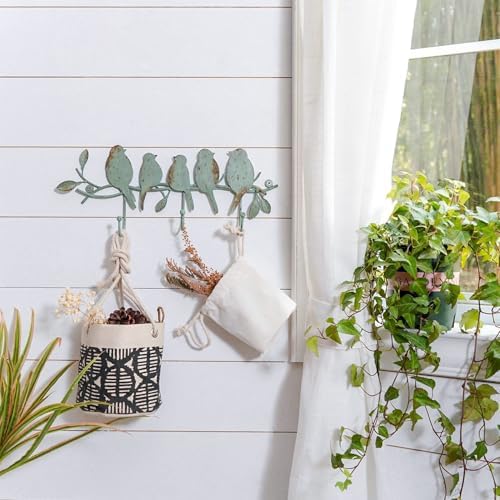 SOFFEE DESIGN Vintage Metal Wall Mounted Coat Rack with 3 Hooks, Birds on Tree Branch Hanger Key Holder Wall Organizer for Hats, Towels, Clothes, Scarves, Jewelry Wall Decoration - Green - Image 2