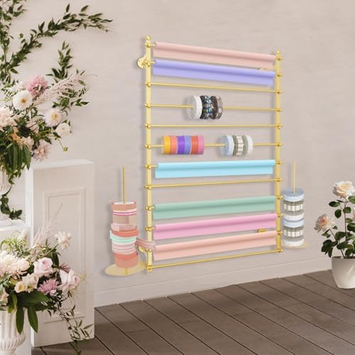 Ribbon Storage Organizer, Wall Mounted Ribbon Organizer, 12-Tier Metal Gift Wrapping Paper Rack, Spool Tie Scarf Hijab Belt Towel Hanger, for Home, Craft Room, Flower Shop, Gold, 31.5in Wide - Image 3