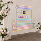 Ribbon Storage Organizer, Wall Mounted Ribbon Organizer, 12-Tier Metal Gift Wrapping Paper Rack, Spool Tie Scarf Hijab Belt Towel Hanger, for Home, Craft Room, Flower Shop, Gold, 31.5in Wide - Image 3