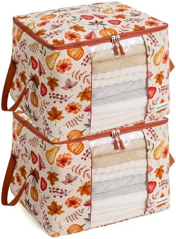 Chaos Cleared Canvas Storage Bags Designer Organizer 2 Pack – Seasonal Storage for Sweaters, Blankets, Linens & Garments – Foldable Design with Zip & Window (Autumn Print) by ChaosCleared