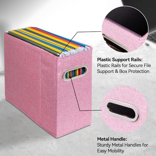 4 Pack Letter Size File Storage Box Collapsible，Fabric Hanging File Folders Organizer, Portable Office Document Holder with Metal Handle, Smooth PVC Rails, Pink - Image 4