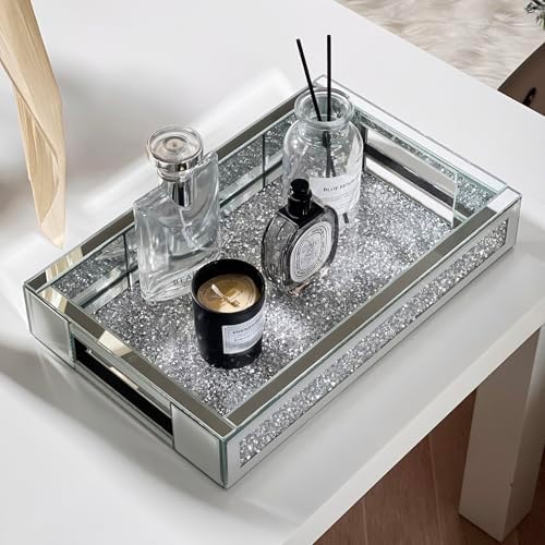 Rectangle Glass Tray with Handles for Dresser, Mirror Makeup Organizer Perfume Display, Crushed Diamond Home Decor Accent for Vanity, Living Room Tables, Silver(12”x7.7”x2”) - Image 7
