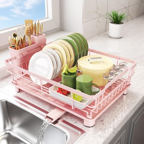 Dish Drying Rack for Kitchen Counter,12.8" W x 16.9" L,Pink by Ricobes