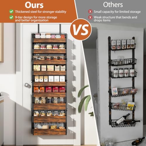 Over the Door Pantry Organizer: Pantry Organization and Storage with Hanging Basket - 9-Tier Metal Spice Rack Adjustable Shelves for Kitchen Bedroom Bathroom & Laundry Room Black - Image 3