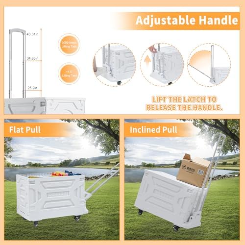 VECELO Foldable Shopping Cart with Wheels, Collapsible Rolling Crate for Groceries, Folding Storage Box with Handle, Three Modes of Use, Ideal for Teacher, Trip, Outdoors, Etc., 16GAL, White - Image 4