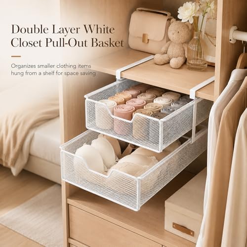 Double Layer White Closet Pull-Out Basket, Under Shelf Hanging Wire Mesh Drawer, Space-Saving Wardrobe Organizer for Socks, Underwear & Bras, 14.6 x 8.9 in - Image 3