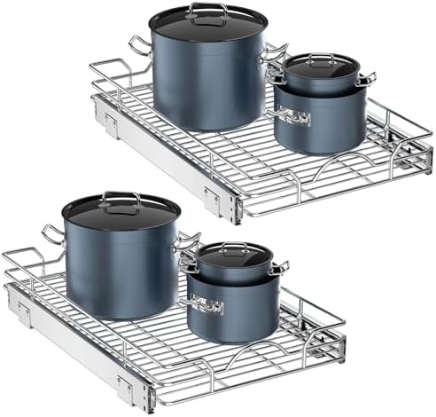 OCG Pull Out Cabinet Organizer 2 Pack (15" W x 21" D), Pull out Shelves 1 Tier, Cabinet Slide Out Shelves for Base Cabinet Organization in Kitchen Bathroom Pantry, Bottom Mount, Chrome Finish by OCG