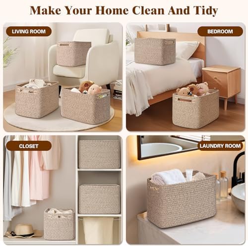 Storage Baskets for Organizing, 4 Pack Baskets for Shelves, Decorative Storage Bins for Shelves, Cotton Rope Storage Basket with Handles, Woven Basket for Storage, 13''Lx8.7''Wx7.9''H, Brown - Image 6
