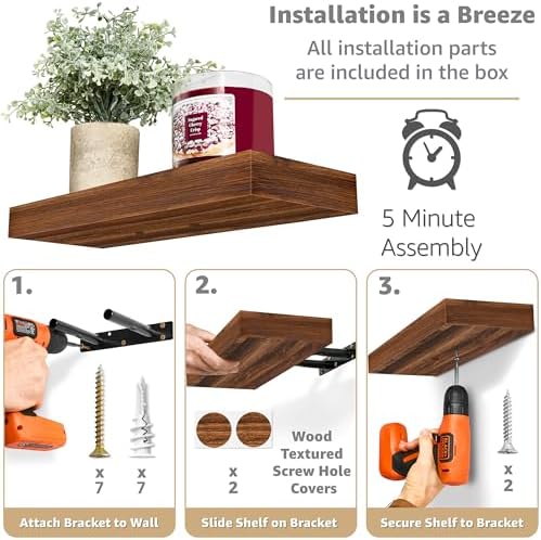 Sorbus 16 Inch Floating Shelves for Wall (3 Pack, Walnut) - Image 4