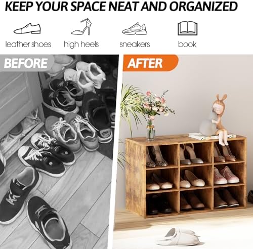 9-Cubby Shoe Rack, Wood Shoe Organizer Bench for Entryway Hallway Closet - Image 6
