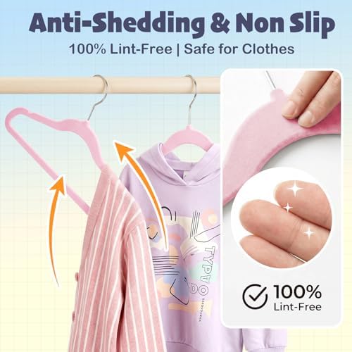 HOUSE DAY 14 Inch Kids Velvet Hangers 50 Pack, Durable Big Kid Hanger Pink - Image 4
