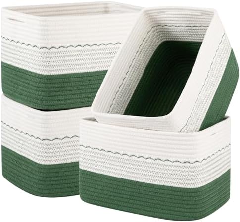 OIASKET 4 Pack Storage Baskets for Organizing, 13"X9"X7.87", Decorative Cotton Rope Baskets for Shelves, Small Woven Basket for Toys, Books and Towels, Green & White by OIASKET
