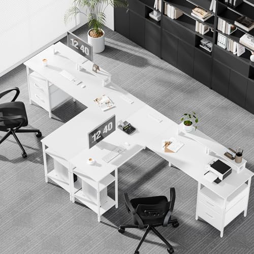 DUMOS 62” L Shaped Desk with Drawers and Power Outlet, White - Image 2