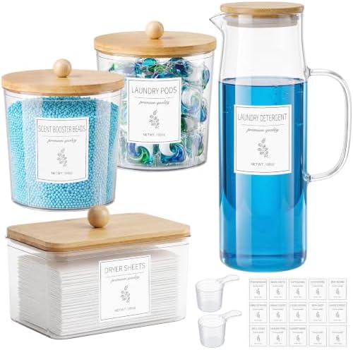 Acrylic Laundry Pod Containers and Dryer Sheet Holder & Glass Laundry Detergent Dispenser with Handle, Labels, and Spoons, for Laundry Room Organization and Storage (4 Pack, Wood Brown) by KitHero