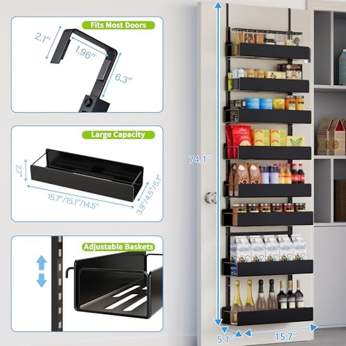 8-Tier Over Door Organizer, Sturdy Slim Hanging Spice Rack for Cabinet & Pantry, Black - Image 2