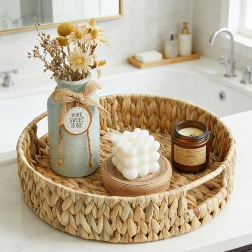 Round Water Hyacinth Serving Tray with Built-in Handles, Hand Woven Rattan Basket for Breakfast, Coffee, Tea, Snacks & Fruit, Decorative Storage Organizer, 13 Inch by Suptinwear