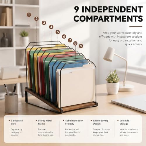 9 Section Inclined Vertical Desk File Organizer, Metal Frame and Wood Base - Image 3