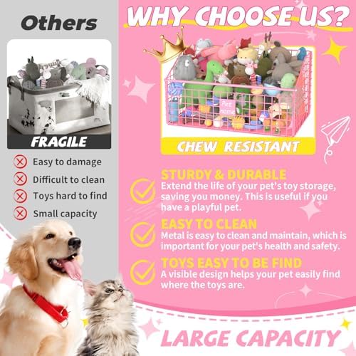 Kaiferty Indestructible Dog Toy basket, Large Toy Bin for Dogs,Pet Toy Bin Dog Metal Basket Organizer Storage for Toys Food Storage (Pink) - Image 2