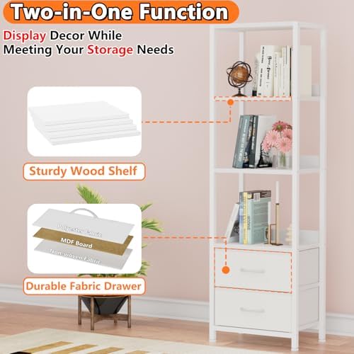Furnulem 4-Tier Corner Shelf,White Narrow Bookshelf with 2 Storage Drawers - Image 4