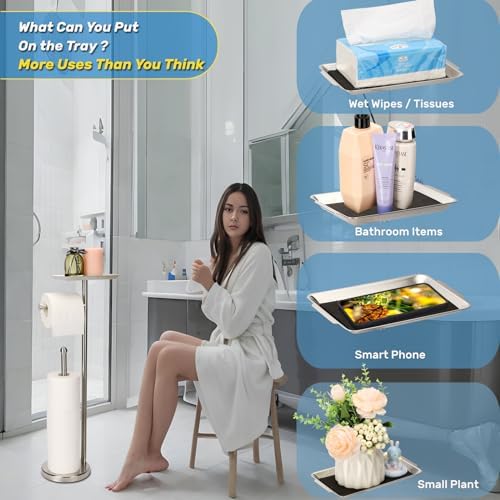 Exilon Toilet Paper Holder Stand for Bathroom Floor Freestanding Toilet Roll Dispenser Storages 4 Reserve Rolls, with Top Storage Shelf for Cell Phone (Brushed Nickel) - Image 6