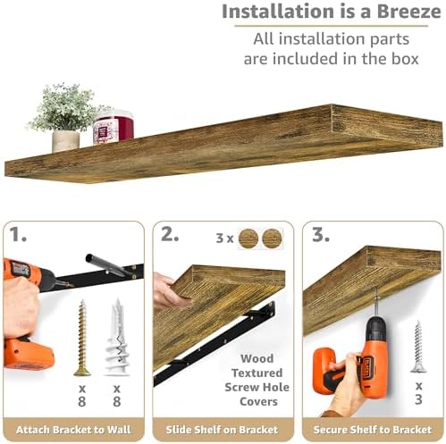 Sorbus Floating Shelves for Wall Storage (55 Inch, 3 Pack, Rustic Brown) - Image 4