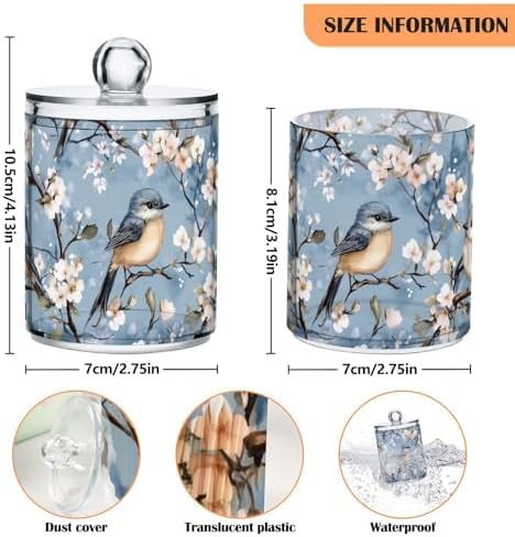Fustylead 4 Pack Cute Blue Birds on Flowering Tree Of Cherry Qtip Holder Dispensers for Cotton Swab, Ball, Round Pads, Floss, Plastic Apothecary Jar Set for Bathroom Canister Storage - Image 2