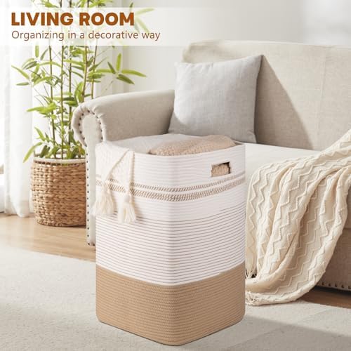 96L Extra Large Cotton Rope Laundry Basket for Bedroom & Laundry Room, Tall Clothes Hamper with Sturdy Handles, Neutral Storage Bin Capable of Holding Blankets and Toys - Image 5
