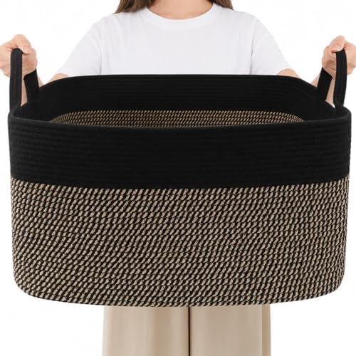 96L Laundry Basket with Handles, Extra Blanket Basket, Black/Jute by HZFTJOY