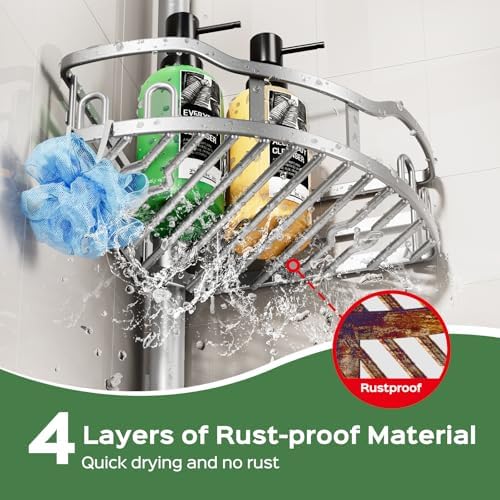HAMITOR Shower Caddy Tension Pole: Rustproof Quick Install Standing Corner Bathroom Organizer Shelf on Floor for Renters - 4-Tier Large Capacity Storage Rack with Soap Holder for Apartment -Silver - Image 2
