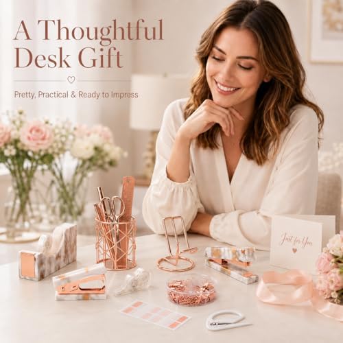 Office Desk Supplies Accessories - Women Marble Desk Decor Set Rose Gold - Image 5